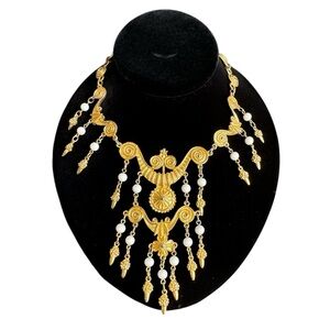 Vintage Gold Bib Necklace Waterfall Pendants Etruscan Revival Maximalist Vendome